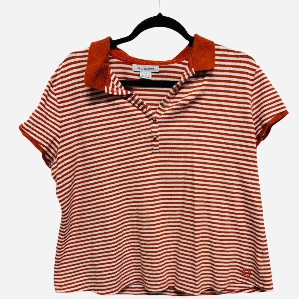 Y2K Orange White Striped Polo Women's Golf Tee Size XL Semi Cropped Preppy